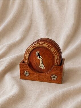 Vintage Vietnamese Mother of Pearl Lacquer Wood Coaster Set of 6 w/ Holder